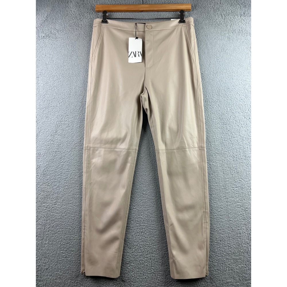 New Zara Womens XL High Rise Faux Leather Leggings Beige Tan Ankle Zip Pants